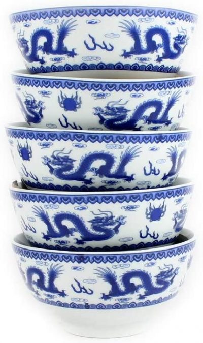 Juego 5 Cuencos Tradicionales Chinos de Porcelana Azul y Blanca